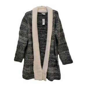New Ann Taylor Loft Women's Sweater Cardigan Sherpa Trim Pockets  Gray Ivory XL